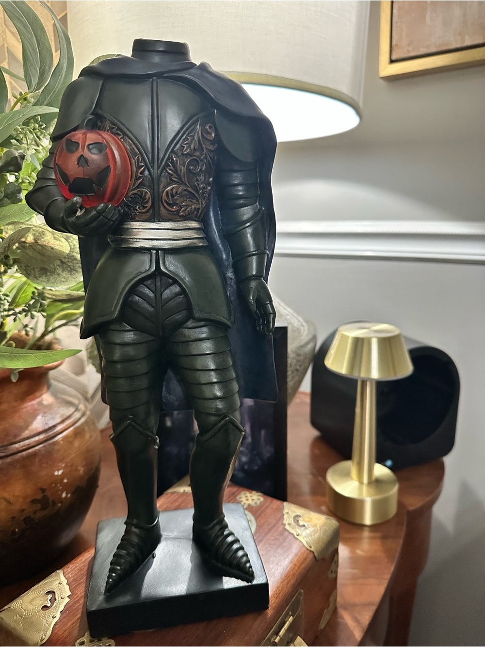 Headless Knight Figurine Decor in Dark Green with Red Pumpkin Accent
